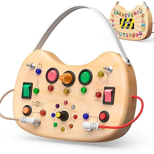 UdoUto Montessori Wooden Busy Board for Toddlers with LED Light Lights & Switches,Portable Activity Board for Car & Airplane Travel Toys, Christmas & Birthday Gift for 1-3 Year Old Boys & Girls