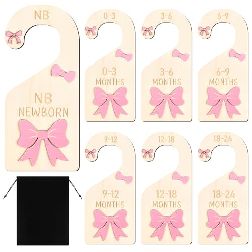 HCEWSBFD 7pcs Coquette Pink Bow Baby Closet Organizer 3D Pink Bow Baby Wood Closet Dividers Double-Sided Infant Wardrobe Hanger Organizer Infant Clothes Size Dividers Hanger Organization Nursery Decor