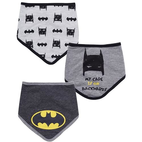 BATMAN 3-Pack Baby Bibs for Boys | Unisex Teething Bibs | Snap Closure | Newborn Boy Bibs | Black/Grey/White, 0-12 Months