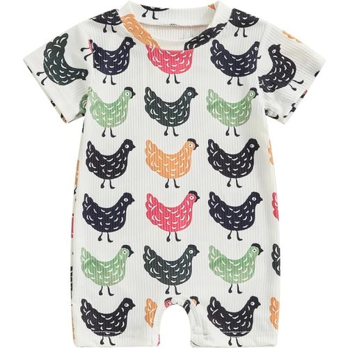 Karuedoo Newborn Baby Boy Girl Farm Outfit Chicken Print Short Sleeve Romper Jumpsuit One Piece Bodysuit Country Clothes - B-beige - 0-3 Months