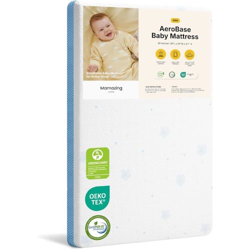 MAMAZING Aerobase Mini Crib Mattress 38" L x 24" W, 2-Stage Breathable Mattress, Non-Toxic, Waterproof Sleep Surface, Machine-Washable Outer Cover for Easy Care, Fits Mini Size & Portable Crib
