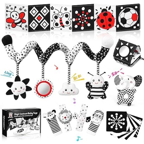 Newborn Toys,High Contrast Black & White Baby Toys 0-6 Months with Sensory Cards & Rattle, Essential for Brain Development, Tummy Time & Car Seat Toys for 0 2 4 6 Month Old