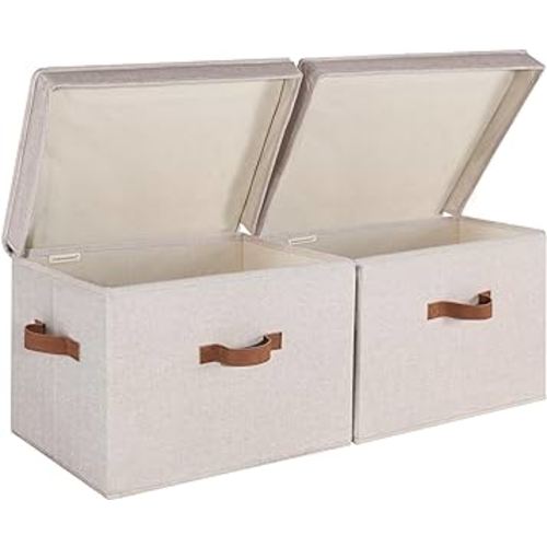 StorageWorks Closet Storage Bin with Lids, Decorative Storage Boxes with Handles, Fabric Storage Bins for Clothes, Jumbo, Brown and Beige, 2-Pack