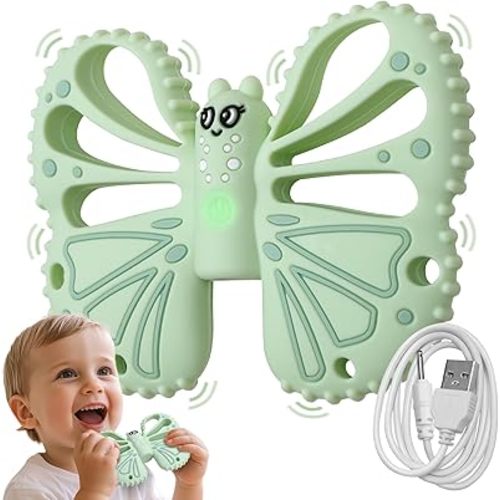 Vibrating Sensory Chew Toy for Autistic Children - USB fast charging, 10-speed vibration baby teether, Rechargeable Teether for Babies 18 Months, Autism Sensory Toys & Calming Chew Toys (Green)