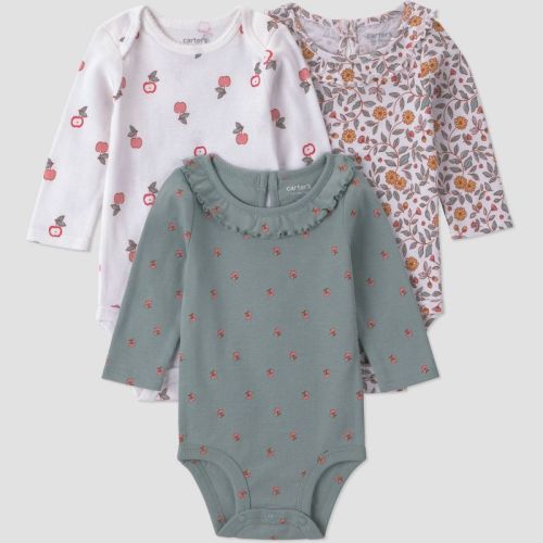 Carter's Just One You® Baby Girls' 3pk apple floral Long Sleeve Bodysuits - Green/white 6M