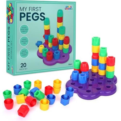 My First Pegs Playset, Large Colored and Fun Shape Stacker Plastic Pegs, Baby and Toddler Peg Board Toys, Play and Learn STEM Toy, Fine Motor Skills, Ages 18m+
