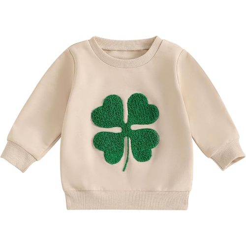 Toddler Baby Boy Girl St Patricks Day Clothes Clover Embroidery Sweatshirt Long Sleeve Crewneck Pullover Shirt Tops