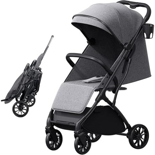Compact Travel Stroller for Toddlers, Lightweight & Airplane Ready Stroller for Baby/Infant w Telescoping Handle and Cup Holder, One-Hand Quick Fold, Near Flat Recline Seat, TR18, Grey