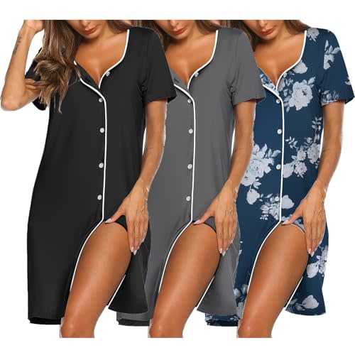 Ekouaer Nightgowns for Women 3 Pack Sleep Shirts Button Down Pajama Dress Short Sleeve Nightshirt Sleepwear Nightdress