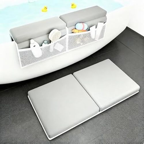 Bath Kneeler and Elbow Rest Pad Set, Comfortable Baby Bath Kneeling Pad for Tub with Toy Organizer Pockets, Non-Slip Knee Pad for Bathing Baby, Quick Dry Bathtub Mat for Toddler & Infant - Grey