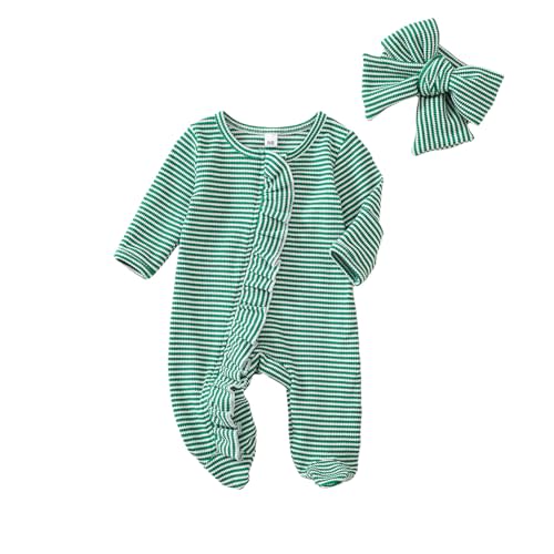 Ayalinggo Newborn Baby Romper Infant Girl One-piece Outfit Waffle Ruffle Zip Footie Spring Summer Clothes With Bow Headband
