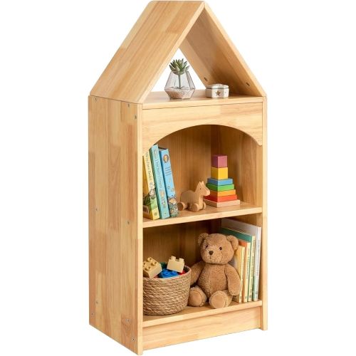 OOOK Rubberwood Montessori Shelf, 3-Tier Toy Organizers and Storage, Wood Corner Cabinet for Kids Room, Playroom, Nursery, Classroom, Kindergarten