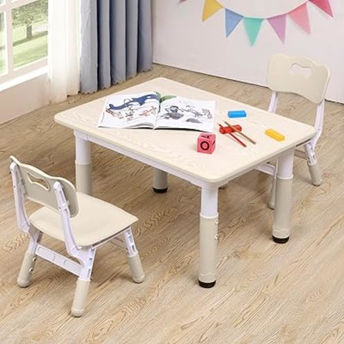 Adjustable Kids Table & Chairs Set for Ages 3-8 | 31.5"x23.6" Easy-Clean Activity Table | Meets ASTM/CPSC Standards for Daycare, Homeschool & Playroom (Natural-Wood, 2 Chairs)