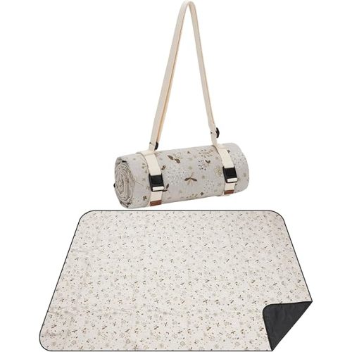 Large Picnic Blanket, Beach Mat Sand Free Washable, Waterproof Camping Emergency Blankets, Picnic Baskets Accessories with Waterproof Backing and Shoulder Strap - WhiteKapok