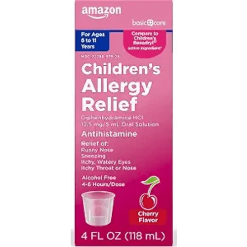Amazon Basic Care Children's Allergy Relief Oral Solution, Diphenhydramine HCl Antihistamine, Cherry Flavor, 4 fl oz (Pack of 1)