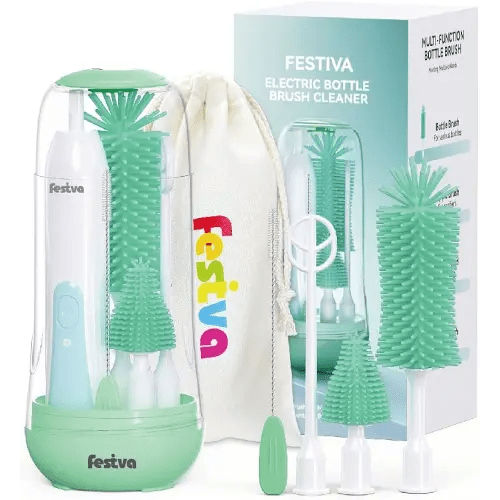Festiva Electric Bottle Brush Cleaner - Baby Bottle Brush Set with Bottle Brush, Mixing Head, Nipple & Straw Brush, Baby Travel Essential, (Green)