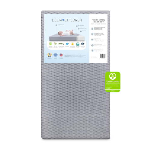 Delta Children Twinkle Galaxy Breathable Crib Mattress and Toddler Mattress - Breathable Cover and Fiber Core, Machine Washable Cover, Waterproof, 7 Year Warranty, A