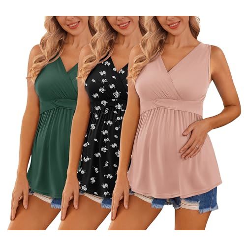 Ekouaer Women's Maternity Tank Tops 3 Packs Sleeveless Nursing Tops V Neck Breastfeeding Shirts Pregnancy Clothes