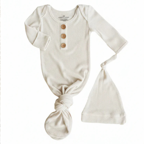 Eggshell Bamboo Waffle Newborn Baby Knot Gown & Hat Set