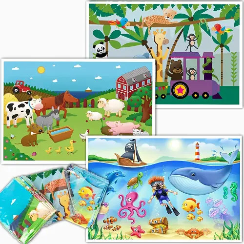 Disposable Placemats for Baby - Cute Animal Toddler Placemat That Sticks to Tables at Restaurants - (Assorted 40 Pack with 3 Designs)