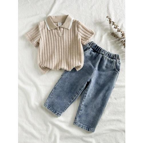SHEIN Vintaside Kids Toddler Boys' Casual Lapel Short Sleeve Top Paired With Fashionable Washed Denim Pants Set, Suitable For Daily Wear, Family Camping, Dining Or Shopping | SHEIN USA