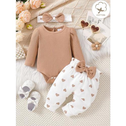 3pcs Newborn Baby Girls Autumn/Winter Cute Ribbed Puff Sleeve Bodysuit, Heart Pattern Bow Pants And Headband Set | SHEIN USA