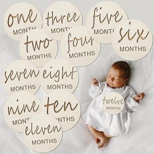 12pcs Wooden Baby Monthly Milestone Cards,Pregnancy and Baby Growth Monthly Milestone Wood Discs,Milestone for Baby Boy,Months Signs Milestone for Baby Girl