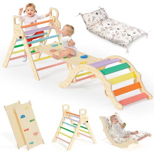 BlueWood Pikler Triangle Set with Cushion, 8-in-1 Climbing Toys for Toddlers, Montessori Philosophy Play Jungle Gym with Arch, Ramp, Ladder(Sunshine Rainbow)