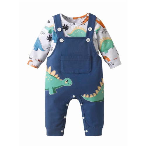 Infant Baby Boy Clothes Dinosaur Long Sleeve Romper + Animal Style Suspender Pants Outfit Set Blue 0-3 Months