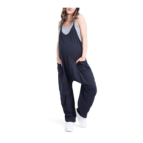 Motherhood Maternity Women's Casual Baggy Sleeveless V-neck Pregnancy Romper Jumpsuit With Loose Spaghetti Straps and Pockets