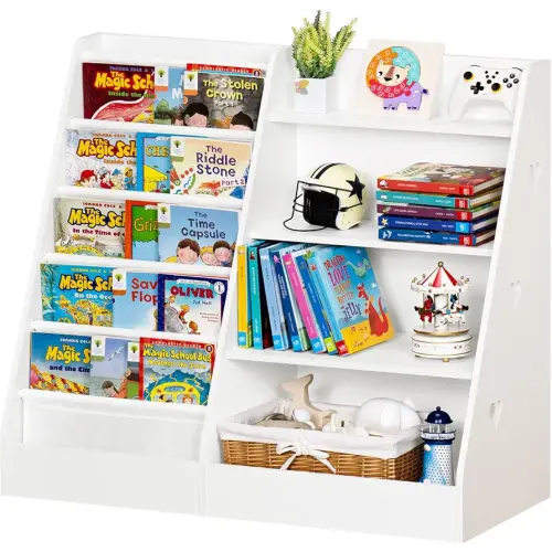 Lerliuo 4 Tier Kids Bookshelf and Storage Organizer, Five Layer Sling Children Bookcase, Baby Toddler Wooden Book Shelf, Display Cabinet for Playroom, Bedroom, Classroom, Nursery, School (White)