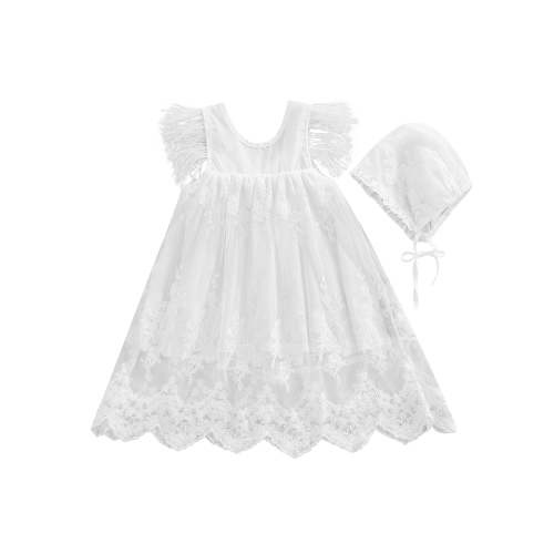 Franhais Newborn Girls Sweet Clothes Set, Baby Girl Feathers Fly Sleeve Lace Long Dress with Hat, White