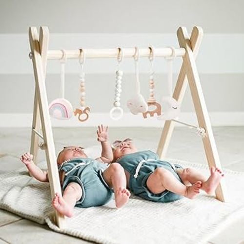 Wooden Baby Gym with 6 Gym Toys, Foldable Baby Play Gym, Natural Pine Wood Play Gym, Frame Activity Center Hanging Bar, Wooden Play Gym