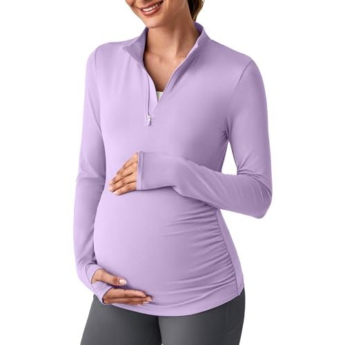 G4Free Lightweight Maternity Long Sleeve Workout Tops UPF 50+ Rash Guard Half Zip Sun Shirts Ruches Pregnancy Pullover