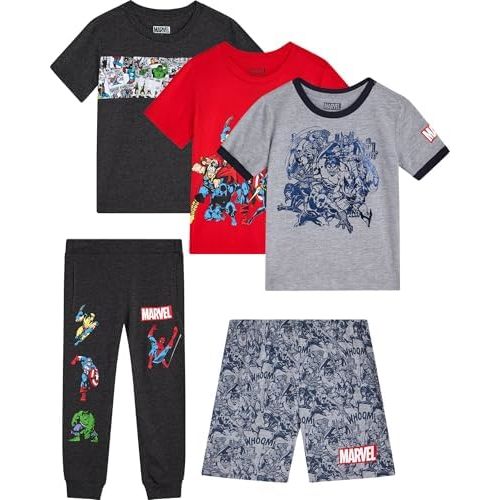 Marvel Spiderman Boys Pants Set - 5 Piece Short Sleeve Tees, Graphic Shorts, and Boys Joggers for Toddlers & Little Kids