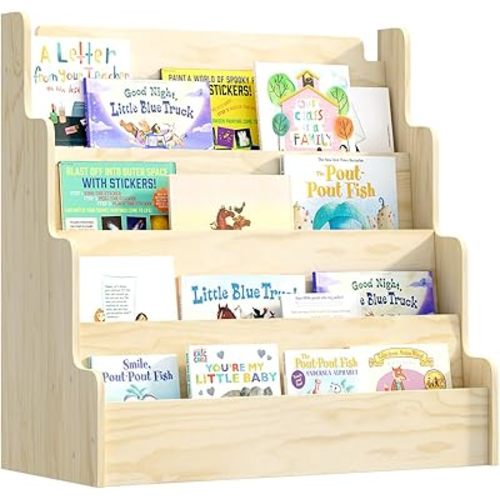 4 Tier Scalloped Kids Bookshelf Natural Wood Toddler Book Rack Nursery Bookcase Playroom Coloring Book Magazine Display Storage Shelf Organizer Classroom Library Homeschooling (Normal)
