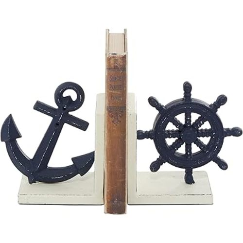Deco 79 Metal Anchor and Ship Wheel Bookends, Set of 2 6"W, 6"H, Blue
