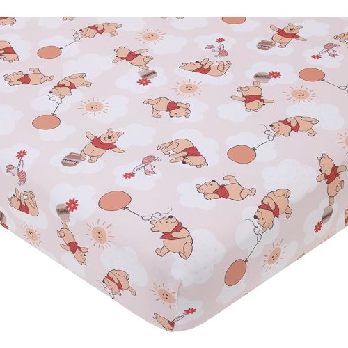 NoJo Disney Winnie The Pooh Tan, Red, and White Piglet, Balloons, and Hunny Pots Super Soft Nursery Fitted Crib Sheet