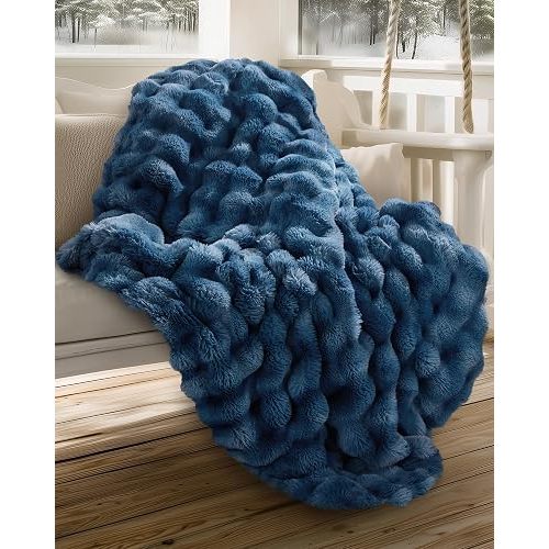 Ultra Soft Cozy Faux Fur Throw Blanket, Fuzzy Plush Thick Bubble Blanket, Oversize Luxury Fluffy Blanket for Couch, Sofa, Bedroom, and Living Room,50x60 Inches,Blue