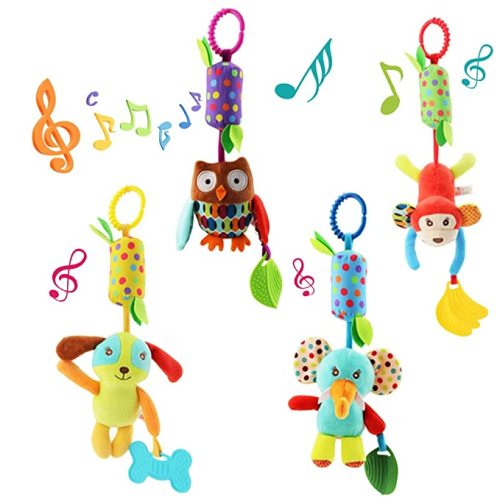 4 PCS Baby Soft Hanging Rattle Crinkle Squeaky Toy - Baby Toys for 0 3 6 9 to 1 Animal Ring Plush Stroller Infant Car Bed Crib Travel Activity Hanging Wind Chime with Teether for Boys Present
