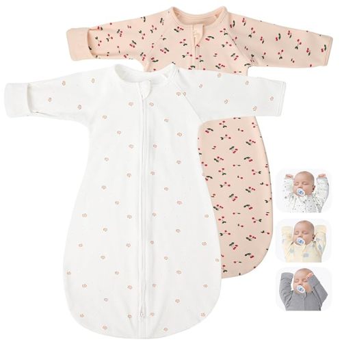 2 Pack Transitional Baby Swaddling Sacks with Arms Up Length Sleeves & Mitten Cuffs, Sleeping Sack Bag 2 Ways Zipper, Wearable Swaddle Blanket for Newborns Baby Snug Fit Calms Startle Reflex
