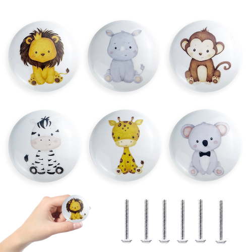 Jamjam 6 Pack 1.5"Ceramics Cute Animals Baby Nursery Room Dresser Drawers Knobs Kids Colorful Cabinet Handle Knobs