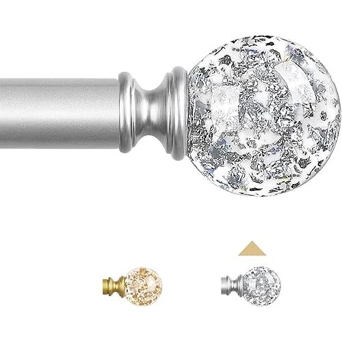 Silver Decorative Crystal Curtain Rods:18-45 Inch Heavy Duty Adjustable Window Curtains Rods for Bedroom Living Room,Nickel Modern Girly Acrylic Drapery Rods Set with Sheer Bling Foil Finials