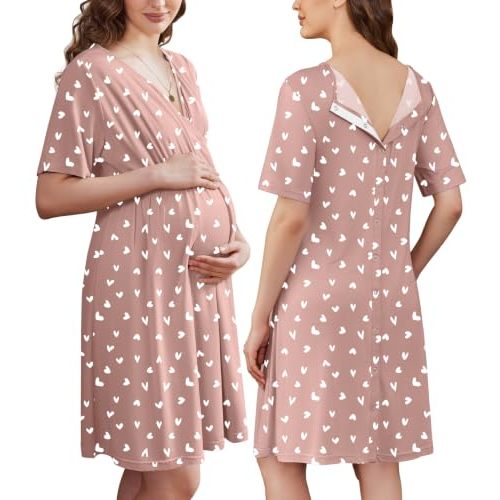Ekouaer Labor and Delivery Gown for Hospital V Neck Maternity Nursing Dress | Birthing Gown, Open Back Button closure, Skin-friendly, Short Sleeve, Split Front Flap, Stretchy, Breastfeeding, C-section