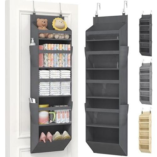 Lifewit 1 Pack Over the Door Organizer, 5 Section Clear Window Hanging Storage with 4 Side Pockets, Sturdy Anti Tilt 40 lbs Load Behind Door for Closet, Bedroom, Bathroom, Nursery, Dorm, Dark Gray