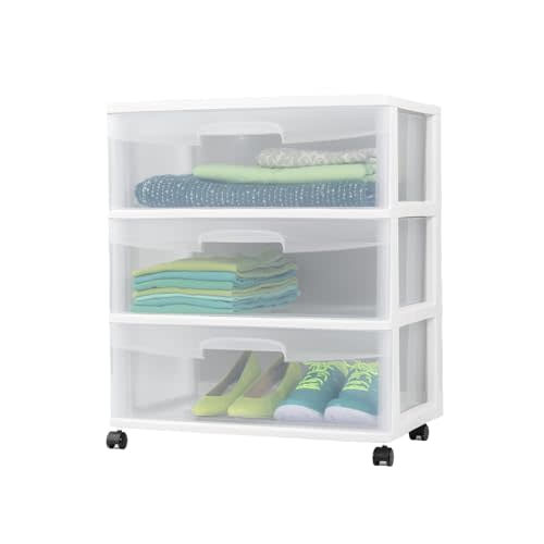 3 Drawer Wide Cart, Plastic Storage Drawer with Wheels and Clear Drawers, Medium Storage Organizer for Bedroom, Closet and Home Office (White)