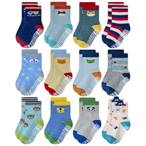 RATIVE Non Skid Anti Slip Crew Socks With Grips for Baby Infant Toddlers Kids Boys