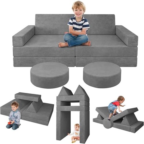 14pcs Kids Play Couch Modular Sofa Couch Sectional Kids Sofa Convertible Play Couch Toddler Foam Couch for Kids, Fortplay Bedroom and Playroom Furniture for Toddlers (Grey)
