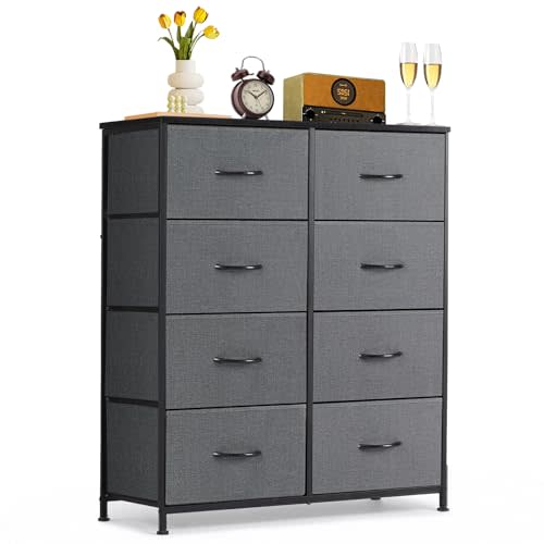 8-Drawer Dresser for Bedroom, Anti-Tip Tall Storage Organizer | Chest of Drawers with Wooden Top and Metal Frame Fabric Bins for Closet, Living Room, Hallway, Entryway, Gray