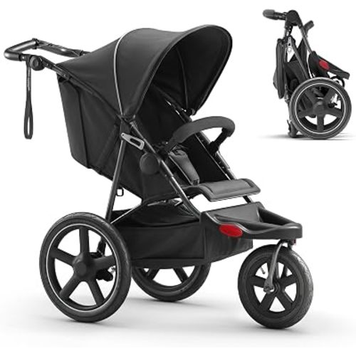 MAMAZING Jogging Stroller, All-Terrain Frame, 12"/16" Inflatable Tires with Angled Valve, Disc Hand Brake & Foot Brake, Adjustable Handlebar, Foldable Jogger Stroller for Babies & Toddlers, Black